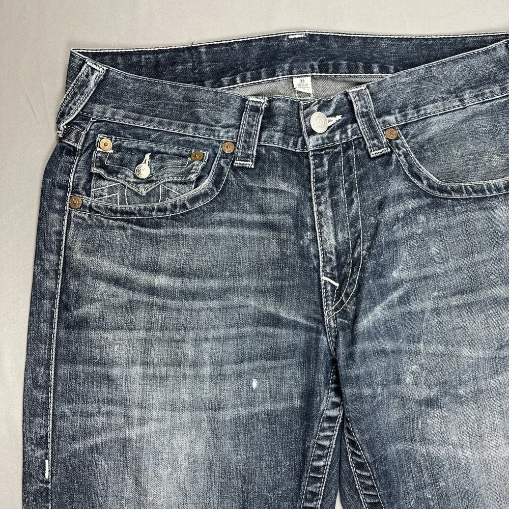 True Religion Jeans Mens 33 Straight Fit Flap Pocket Medium Acid Wash Blue Denim